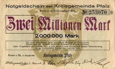 Notgeldschein der Kreisgemeinde Pfalz (Rheinland-Pfalz - Allemagne) - 2&nbsp;000&nbsp;000&nbsp;mark - n�&nbsp;253070 - 11&nbsp;ao�t&nbsp;1923 - face
