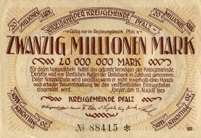 Notgeldschein der Kreisgemeinde Pfalz (Rheinland-Pfalz - Allemagne) - 20&nbsp;000&nbsp;000&nbsp;mark - n�&nbsp;88415 - 11&nbsp;ao�t&nbsp;1923 - face