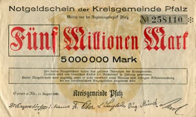 Notgeldschein der Kreisgemeinde Pfalz (Rheinland-Pfalz - Allemagne) - 5&nbsp;000&nbsp;000&nbsp;mark - n�&nbsp;258110 - 11&nbsp;ao�t&nbsp;1923 - face