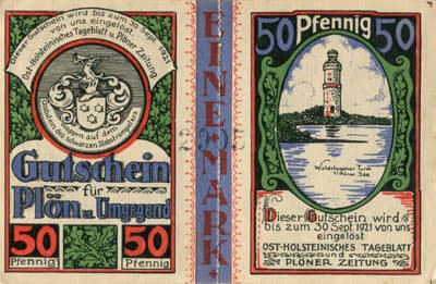 Notgeld Gutschein f�r Pl�n und&nbsp;Umgegend (Schleswig-Holstein - Allemagne) - Eine mark (2&nbsp;x&nbsp;50&nbsp;pf.) n�&nbsp;2995 - valable jusqu'au 30&nbsp;septembre&nbsp;1921 - face