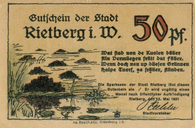 Notgeld Gutschein der Stadt Rietberg&nbsp;i.&nbsp;W. (Nordrhein-Westfalen - Allemagne) - 50 pfennige - 12&nbsp;mai&nbsp;1921 - Das junge volk der schnitter fliegt zum tanz - face