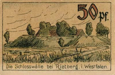 Notgeld Gutschein der Stadt Rietberg&nbsp;i.&nbsp;W. (Nordrhein-Westfalen - Allemagne) - 50 pfennige - 12&nbsp;mai&nbsp;1921 - Das junge volk der schnitter fliegt zum tanz - dos