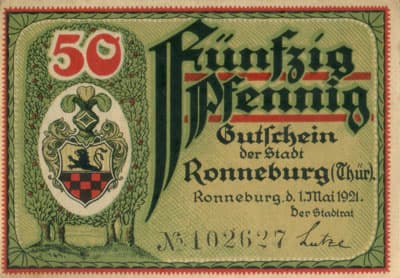 Notgeld Gutschein der Stadt Ronneburg (Th�ringen - Allemagne) - 50 pfennige n�&nbsp;102627 - 1er&nbsp;mai&nbsp;1921 - face