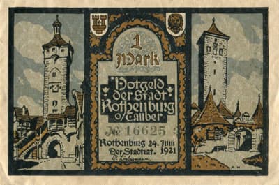 Notgeld Rothenburg ob der Tauber (Bayern - Allemagne) - 1 mark - n�&nbsp;16625 - 24 juin 1921 - face