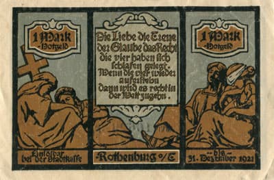 Notgeld Rothenburg ob der Tauber (Bayern - Allemagne) - 1 mark - n�&nbsp;16625 - 24 juin 1921 - dos