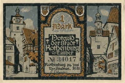 Notgeld Rothenburg ob der Tauber (Bayern - Allemagne) - 1 mark - n�&nbsp;34017 - 24 juin 1921 - face