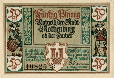 Notgeld Rothenburg ob der Tauber (Bayern - Allemagne) - Tilly - 50 pfennige - n�&nbsp;40825 - 24 juin 1921 - face