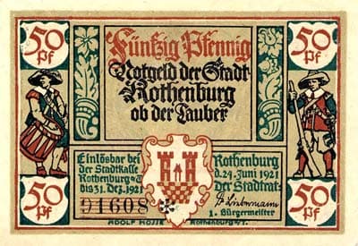 Notgeld Rothenburg ob der Tauber (Bayern - Allemagne) - Rellermeister - 50 pfennige - n�&nbsp;91608 - 24 juin 1921 - face