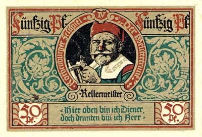 Notgeld Rothenburg ob der Tauber (Bayern - Allemagne) - Rellermeister - 50 pfennige - n�&nbsp;91608 - 24 juin 1921 - dos