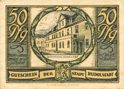 Notgeld Gutschein der Stadt Rudolstadt (Th�ringen - Allemagne) - 50 pfennige n� 11082 - valable jusqu'au 1er janvier 1922 - Das junge volk der schnitter fliegt zum tanz - face