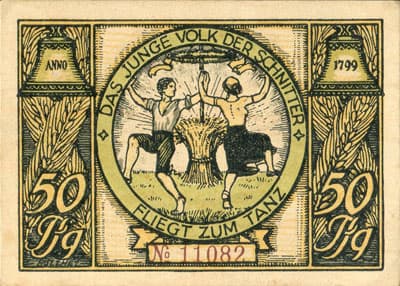 Notgeld Gutschein der Stadt Rudolstadt (Th�ringen - Allemagne) - 50 pfennige n� 11082 - valable jusqu'au 1er janvier 1922 - Das junge volk der schnitter fliegt zum tanz - dos