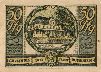 Notgeld Gutschein der Stadt Rudolstadt (Th�ringen - Allemagne) - 50 pfennige n� 11083 - valable jusqu'au 1er janvier 1922 - Sie herrschet weise im h�uslichen kreise - face
