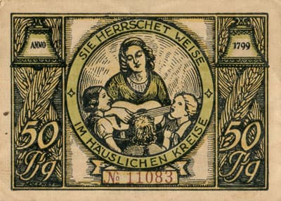 Notgeld Gutschein der Stadt Rudolstadt (Th�ringen - Allemagne) - 50 pfennige n� 11083 - valable jusqu'au 1er janvier 1922 - Sie herrschet weise im h�uslichen kreise - dos