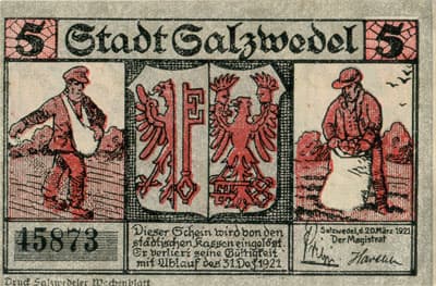 Notgeld - Stadt Salzwedel (Sachsen-Anhalt - Allemagne) - 5 pfennig - 20&nbsp;mars&nbsp;1921 - n�&nbsp;45873 - face