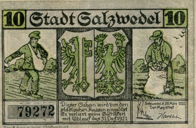 Notgeld - Stadt Salzwedel (Sachsen-Anhalt - Allemagne) - 10 pfennig - 20&nbsp;mars&nbsp;1921 - n�&nbsp;79272 - face