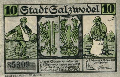 Notgeld - Stadt Salzwedel (Sachsen-Anhalt - Allemagne) - 10 pfennig - 20&nbsp;mars&nbsp;1921 - n�&nbsp;85309 - face