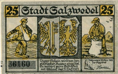 Notgeld - Stadt Salzwedel (Sachsen-Anhalt - Allemagne) - 25 pfennig - 20&nbsp;mars&nbsp;1921 - n�&nbsp;36160 - face
