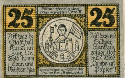 Notgeld - Stadt Salzwedel (Sachsen-Anhalt - Allemagne) - 25 pfennig - 20&nbsp;mars&nbsp;1921 - n�&nbsp;36160 - dos