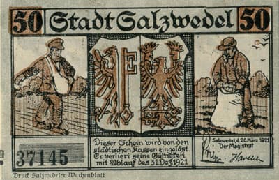 Notgeld - Stadt Salzwedel (Sachsen-Anhalt - Allemagne) - 50 pfennig - 20&nbsp;mars&nbsp;1921 - n�&nbsp;37145 - face