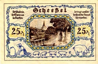 Notgeld Scheessel (Hannover puis Niedersachsen - Allemagne) - 25 pfennige - 1er&nbsp;janvier&nbsp;1921 - s�rie&nbsp;B - face