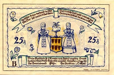 Notgeld Scheessel (Hannover puis Niedersachsen - Allemagne) - 25 pfennige - 1er&nbsp;janvier&nbsp;1921 - s�rie&nbsp;B - dos