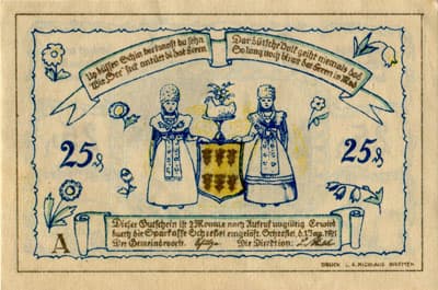 Notgeld Scheessel (Hannover puis Niedersachsen - Allemagne) - 25 pfennige - 1er&nbsp;janvier&nbsp;1921 - s�rie&nbsp;A - face