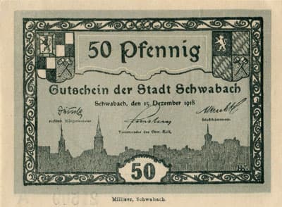 Gutschein der Stadt Schwabach  (Bayern - Allemagne) - 50 pfennig - 15&nbsp;d�cembre&nbsp;1918 - s�rie&nbsp;A - n�&nbsp;21509 - face