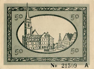 Gutschein der Stadt Schwabach  (Bayern - Allemagne) - 50 pfennig - 15&nbsp;d�cembre&nbsp;1918 - s�rie&nbsp;A - n�&nbsp;21509 - dos