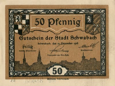 Gutschein der Stadt Schwabach  (Bayern - Allemagne) - 50 pfennig - 15&nbsp;d�cembre&nbsp;1918 - s�rie&nbsp;A - n�&nbsp;33033 - face
