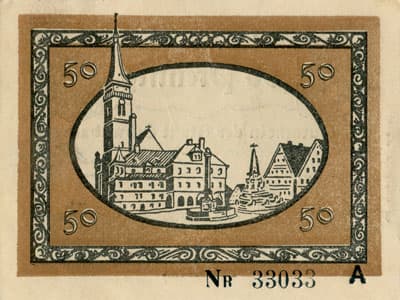 Gutschein der Stadt Schwabach  (Bayern - Allemagne) - 50 pfennig - 15&nbsp;d�cembre&nbsp;1918 - s�rie&nbsp;A - n�&nbsp;33033 - dos