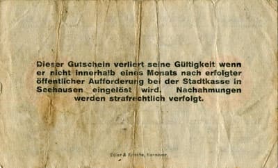 Notgeld - Seehausen in der Altmark (Sachsen-Anhalt - Allemagne) - 10 pfennig - 10&nbsp;juin&nbsp;1917 - dos