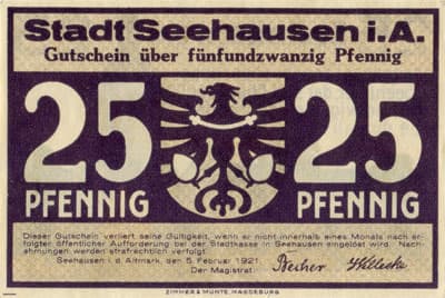 Notgeld - Seehausen in der Altmark (Sachsen-Anhalt - Allemagne) - 25 pfennig - 5&nbsp;f�vrier&nbsp;1921 - dos
