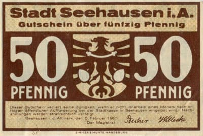Notgeld - Seehausen in der Altmark (Sachsen-Anhalt - Allemagne) - 50 pfennig - 5&nbsp;f�vrier&nbsp;1921 - dos