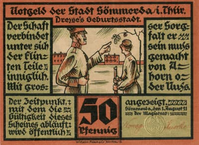Notgeld der Stadt S�mmerda (Th�ringen - Allemagne) - 50 pfennig - 1&nbsp;ao�t&nbsp;1921 - Type 2 - face