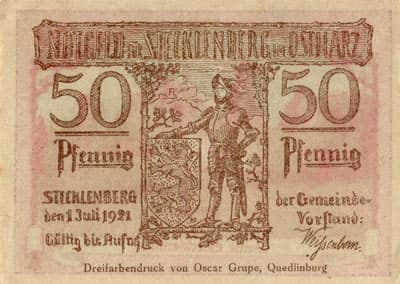 Notgeld f�r Stecklenberg im Ostharz (Saxony-Anhalt - Allemagne) - 50 pfennige - Im gr�nen Wald die rote Stadt, die ein zerschossen Rathaus hat - face