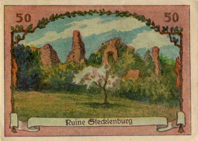 Notgeld f�r Stecklenberg im Ostharz (Saxony-Anhalt - Allemagne) - 50 pfennige - Im gr�nen Wald die rote Stadt, die ein zerschossen Rathaus hat - dos