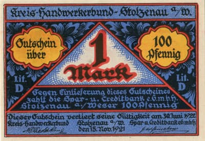 Notgeld Stolzenau Weser (Hannover - Allemagne) - 1&nbsp;mark / 100&nbsp;pfennig - 15&nbsp;novembre&nbsp;1921 - Type 1 - face