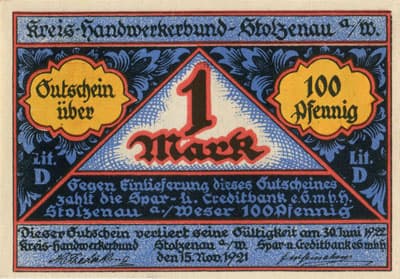 Notgeld Stolzenau Weser (Hannover - Allemagne) - 1&nbsp;mark / 100&nbsp;pfennig - 15&nbsp;novembre&nbsp;1921 - Type 3 - face