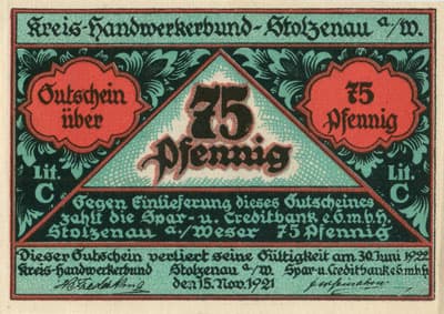 Notgeld Stolzenau Weser (Hannover - Allemagne) - 75 pfennig - 15&nbsp;novembre&nbsp;1921 - Type 1 - face