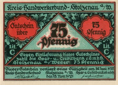 Notgeld Stolzenau Weser (Hannover - Allemagne) - 75 pfennig - 15&nbsp;novembre&nbsp;1921 - Type 2 - face