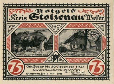 Notgeld Stolzenau Weser (Hannover - Allemagne) - 75 pfennig - 1&nbsp;mai&nbsp;1921 - Type 2 - face
