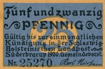 Notgeld der Gemeinde S�derbrarup (Schleswig-Holstein - Allemagne) - 25&nbsp;pfennig - 1920 - n�&nbsp;25270 - dos