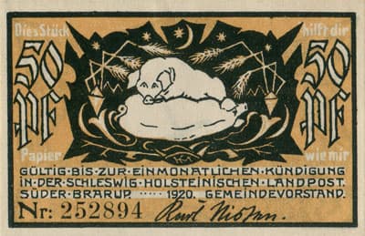 Gutschein der Gemeinde S�derbrarup (Schleswig-Holstein - Allemagne) - 50&nbsp;pfennig - 1920 - n�&nbsp;252894 - dos