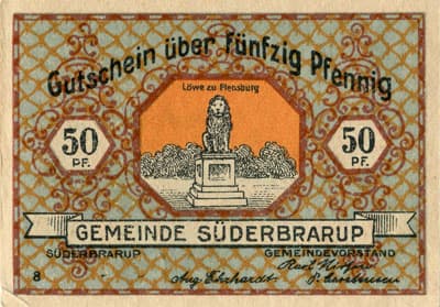 Gutschein der Gemeinde S�derbrarup (Schleswig-Holstein - Allemagne) - 50&nbsp;pfennig - (1921) - n�&nbsp;08155 - Type 8 - dos