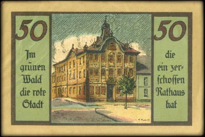 Notgeld Gutschein der Stadt Suhl (Th�ringen - Allemagne) - 50 pfennige - Im gr�nen Wald die rote Stadt, die ein zerschossen Rathaus hat - face