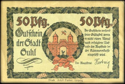 Notgeld Gutschein der Stadt Suhl (Th�ringen - Allemagne) - 50 pfennige - Im gr�nen Wald die rote Stadt, die ein zerschossen Rathaus hat - dos