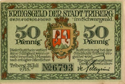 Notgeld Kriegsgeld der Stadt Triberg im Schwarzwald (Bade-Wurtemberg - Allemagne) - 50 pfennige n�&nbsp;6793 - 25&nbsp;juillet&nbsp;1918 - face