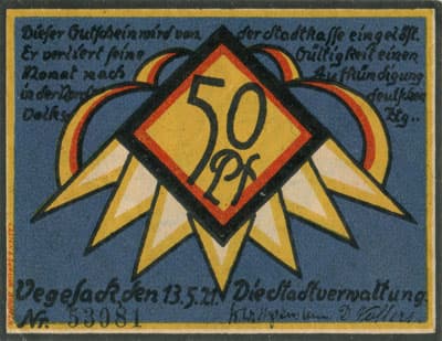 Gutschein der stadt Vegesack (Bremen - Allemagne) - 50 pfennige - 13&nbsp;mai&nbsp;1921 - n�&nbsp;53081 - face