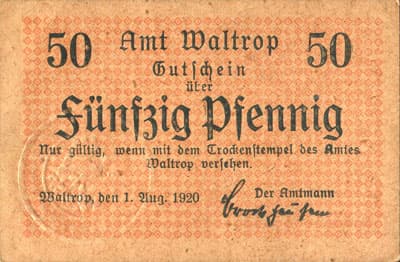 Notgeld Waltrop (Westfalen - Allemagne) - 50 pfennige - Schiffshebewerk Henrichenburg (exemplaire 2) - dos