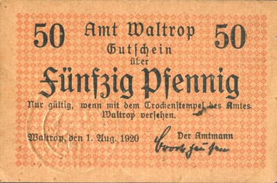 Notgeld Waltrop (Westfalen - Allemagne) - 50 pfennige - Schiffshebewerk Henrichenburg (exemplaire 1) - dos